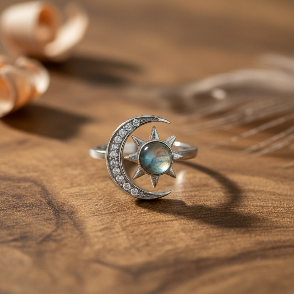 Anello sole e luna labradorite - sfondo legno