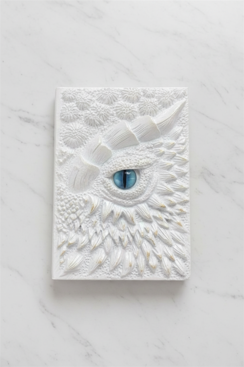 Grimorio Occhio di Drago Bianco - flatlay su marmo