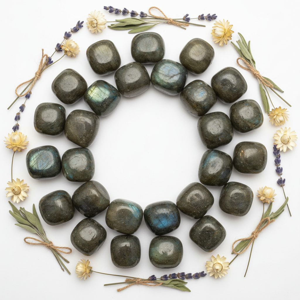 Labradorite con fiori secchi e salvia