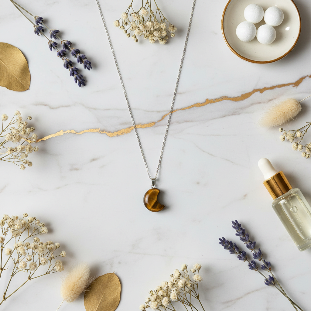 Collana Luna Occhio di Tigre - sfondo marmo luxury