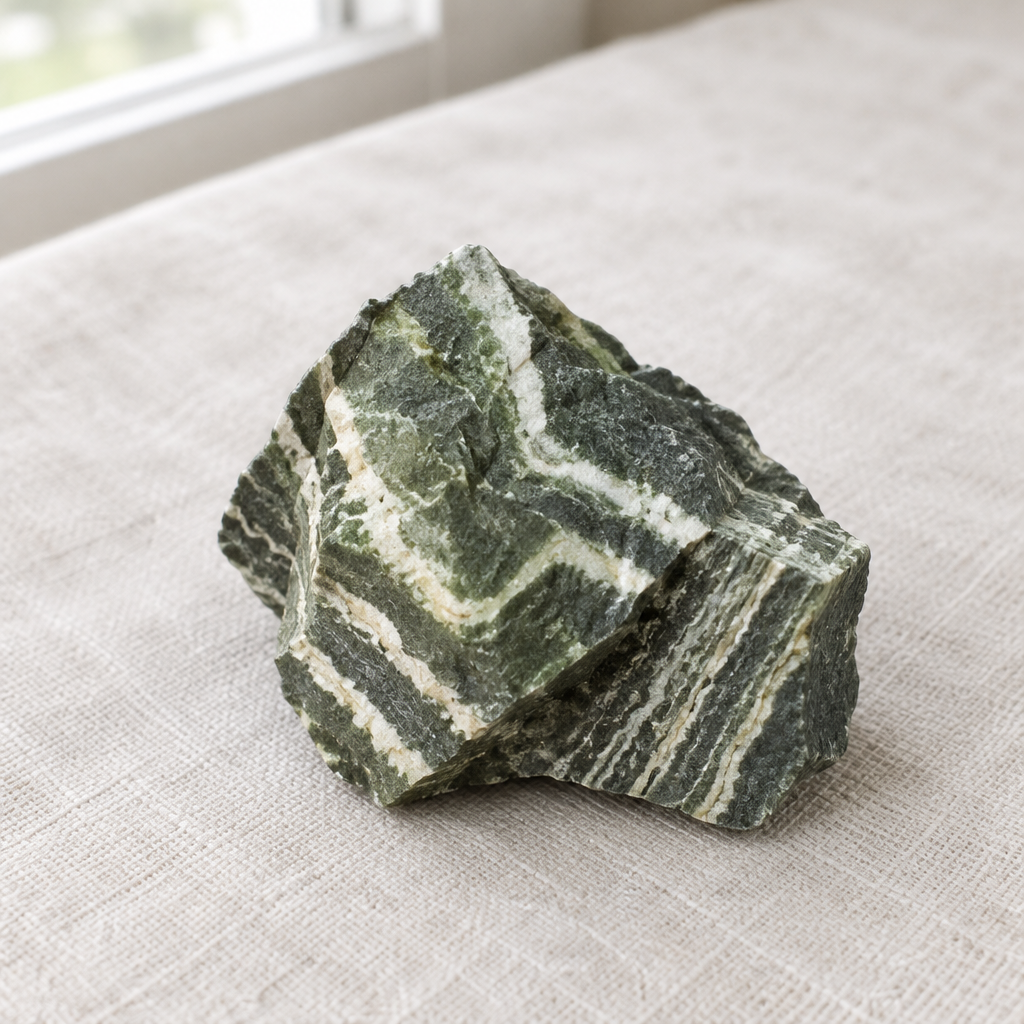 Diaspro zebra verde grezzo su lino