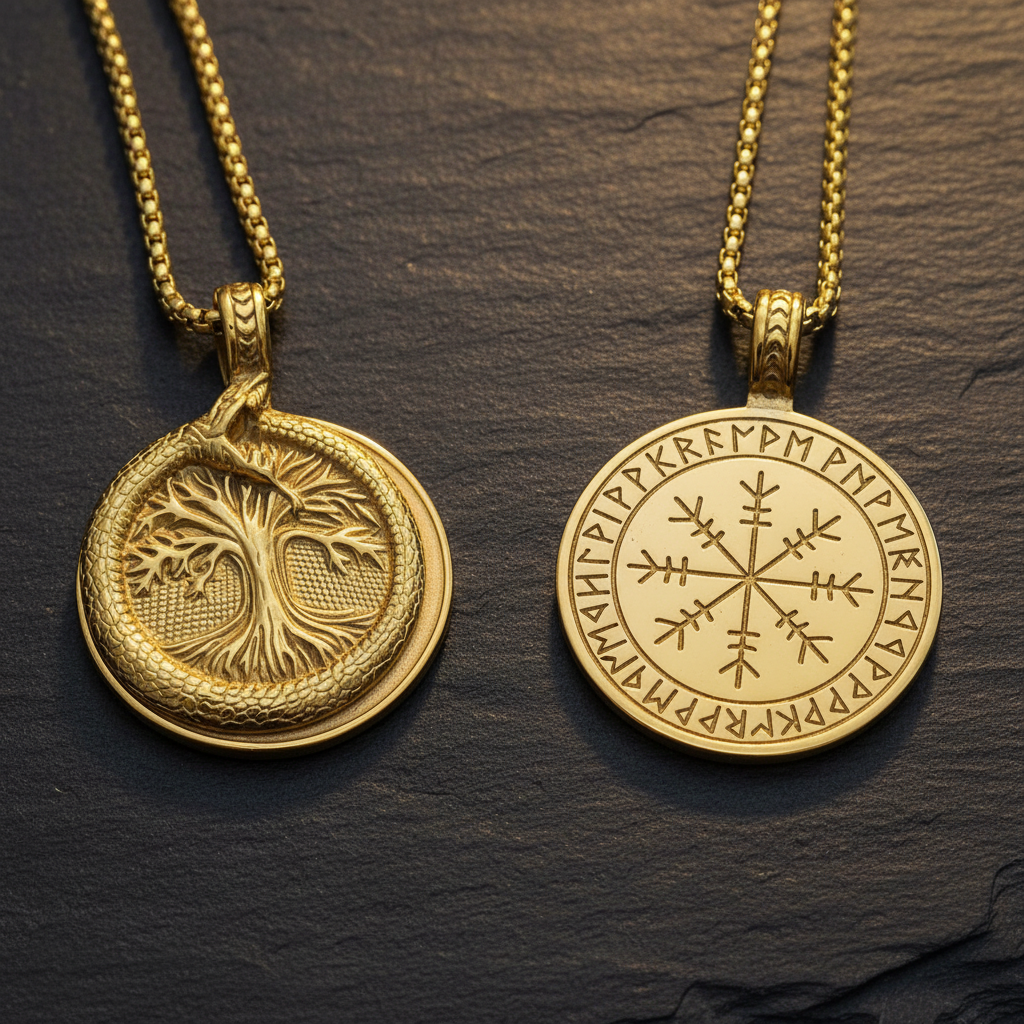 Collana Albero della Vita Vegvisir gold fronte e retro