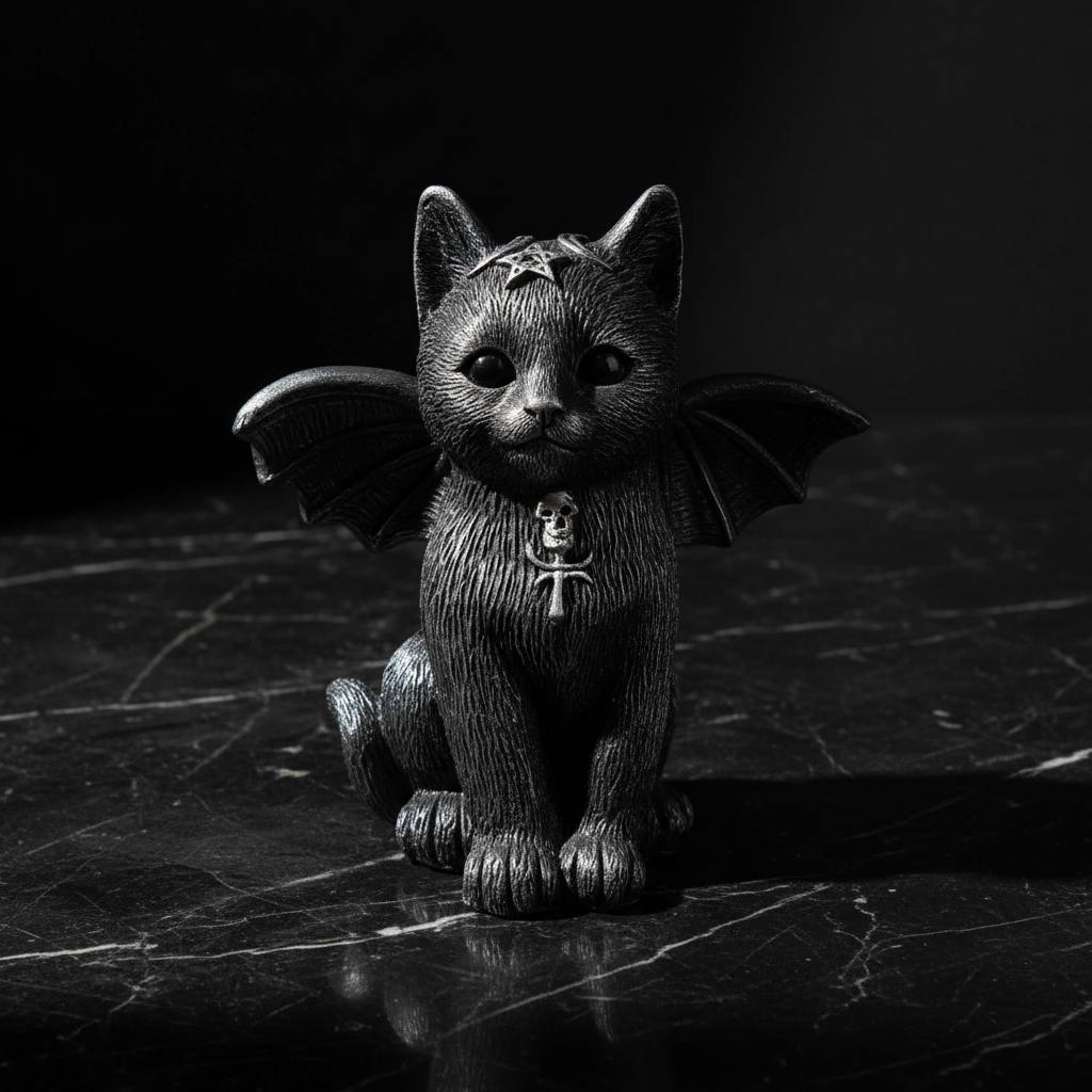 Statuina gatto Baphomet - flatlay marmo nero
