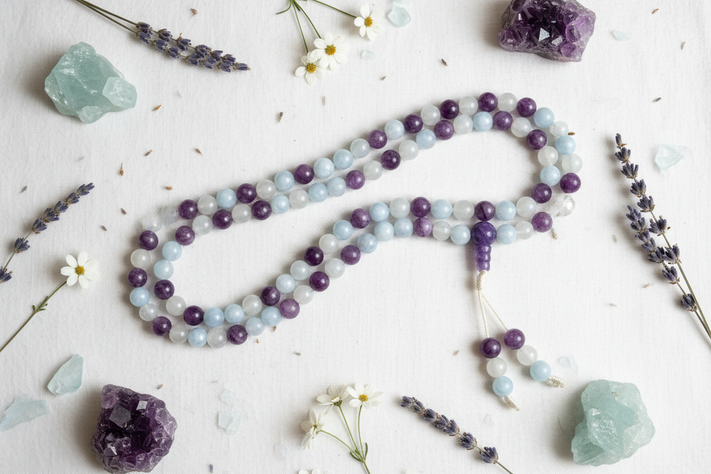 Mala lepidolite acquamarina agata composizione con lavanda e cristalli