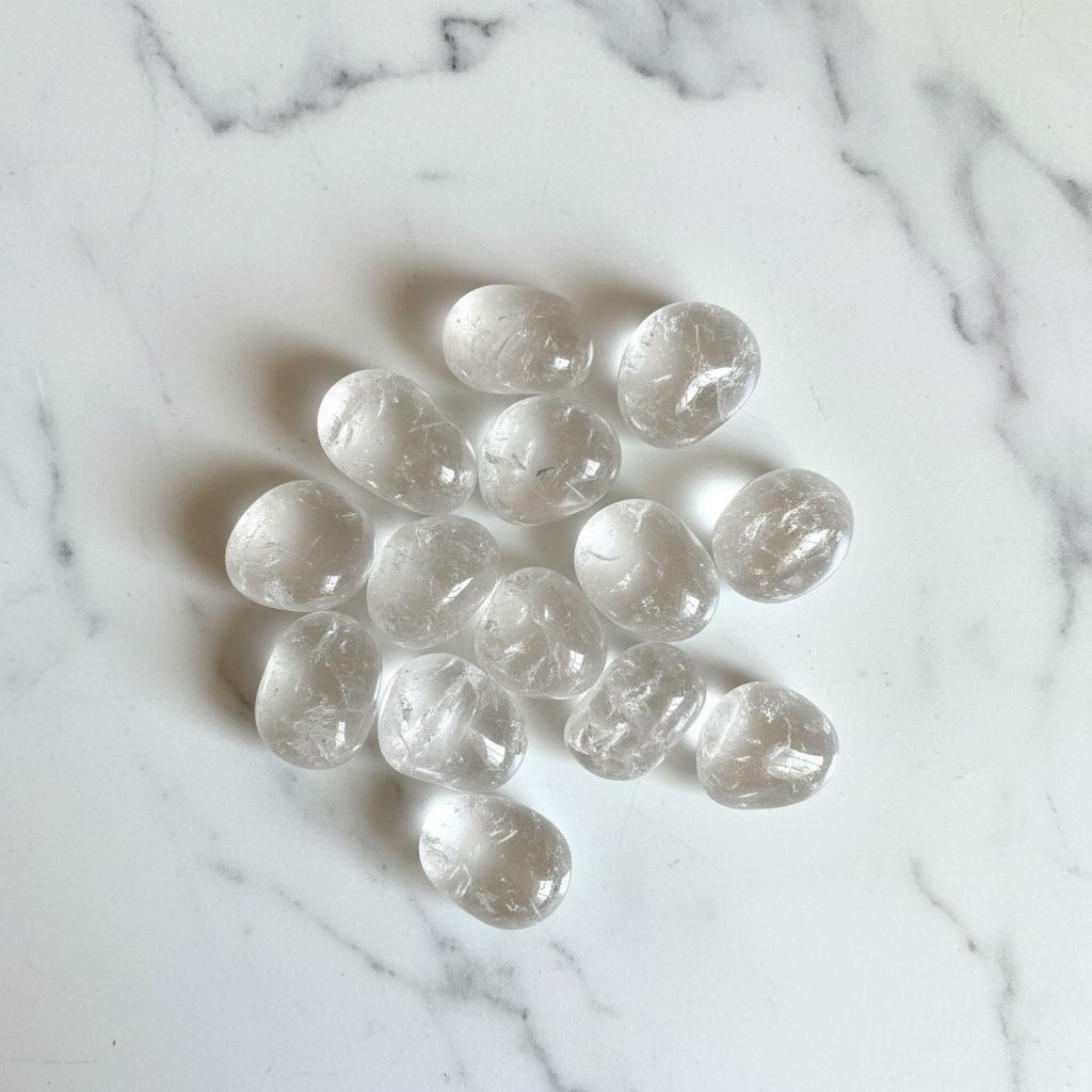 Cristallo di rocca tumbled flatlay su marmo