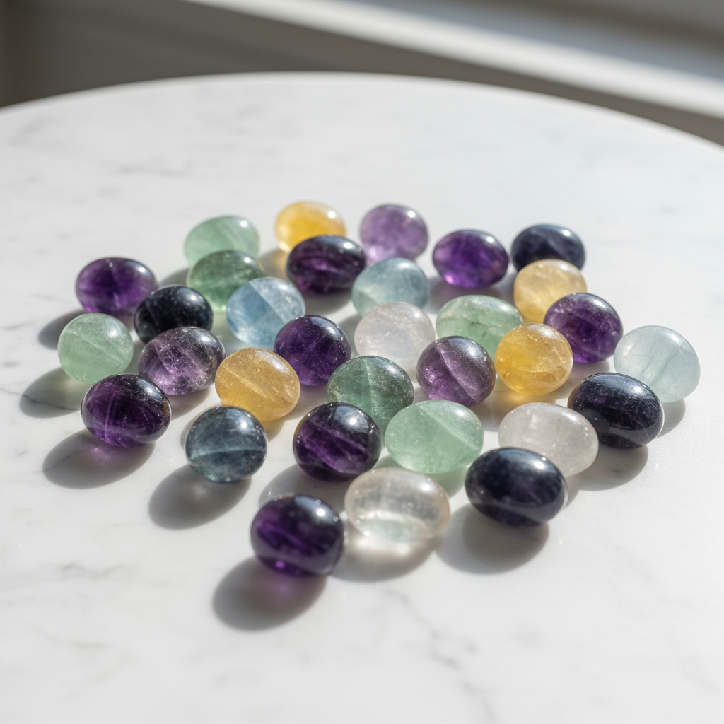 Fluorite arcobaleno tumbled flatlay su marmo