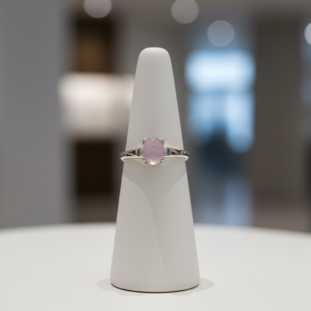 Anello kunzite su porta-anello in ceramica