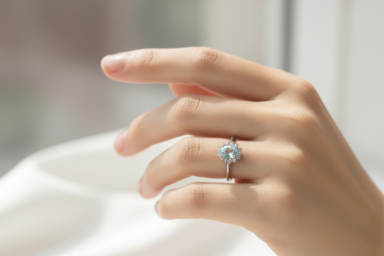 Anello acquamarina e zirconi indossato - lifestyle shot