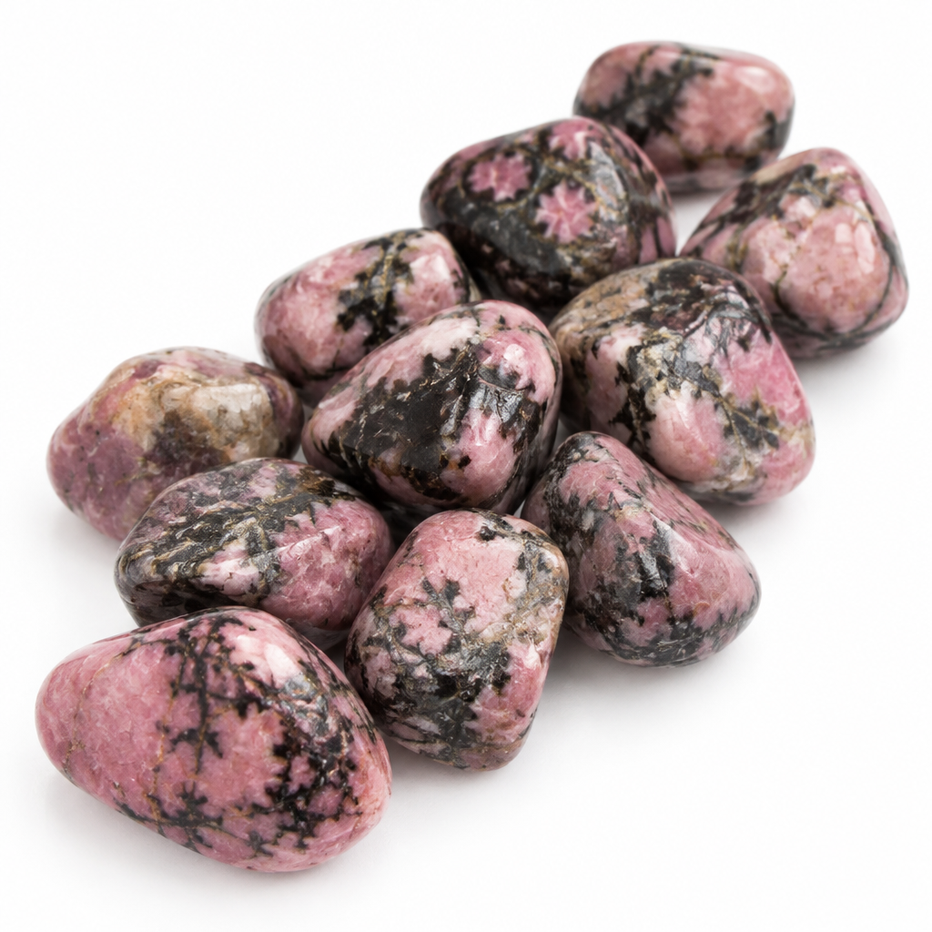 Dettaglio della rodonite burattata rosa e nera