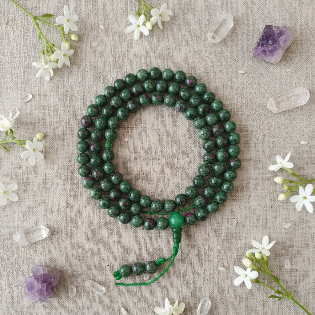 Japamala ruby zoisite - composizione con fiori e cristalli