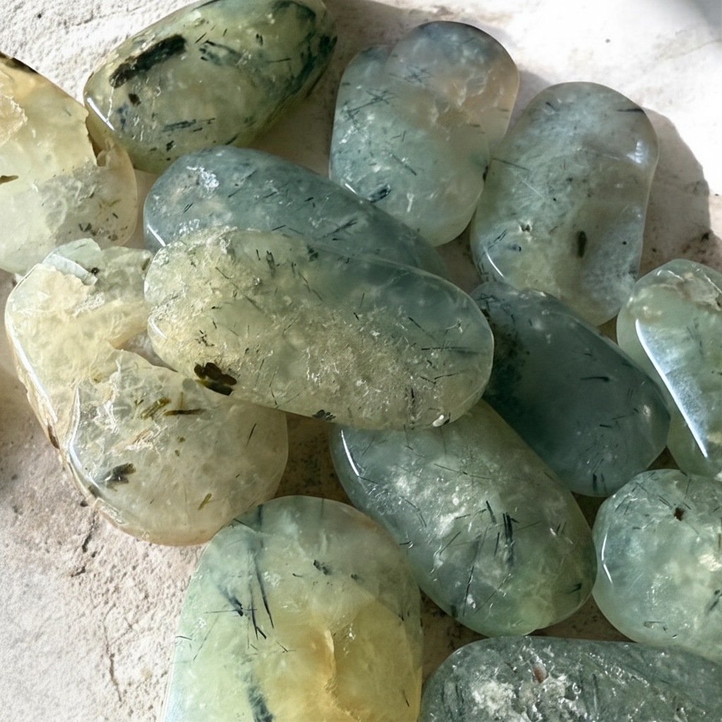 Palmstone prehnite con tormalina - flatlay su marmo