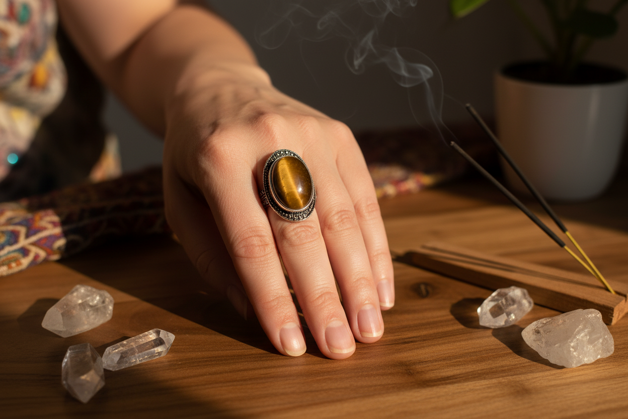 Anello occhio di tigre indossato - stile spirituale