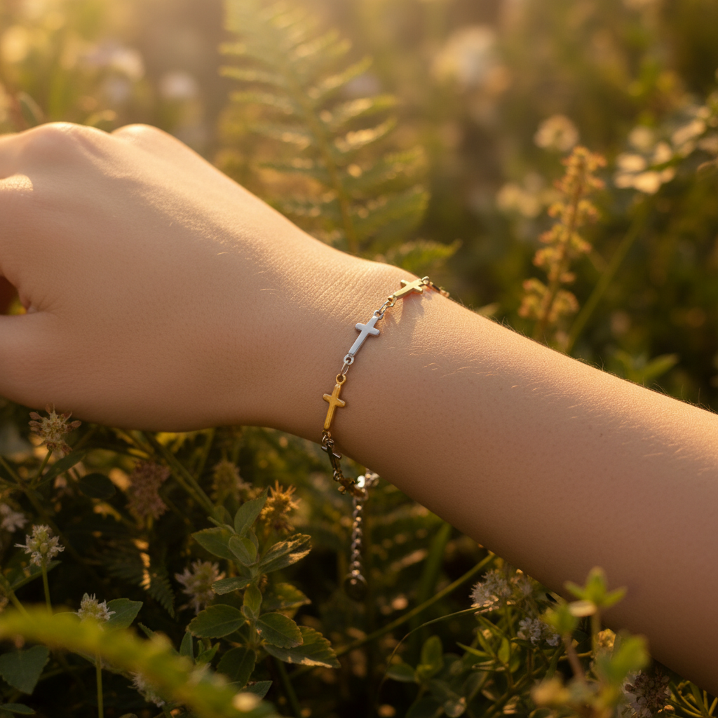 Bracciale Croci Bicolore indossato - luce dorata