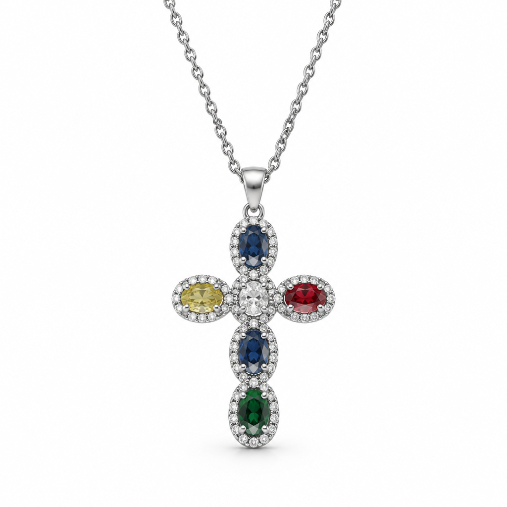 Collana in acciaio inox con croce zirconata multicolore