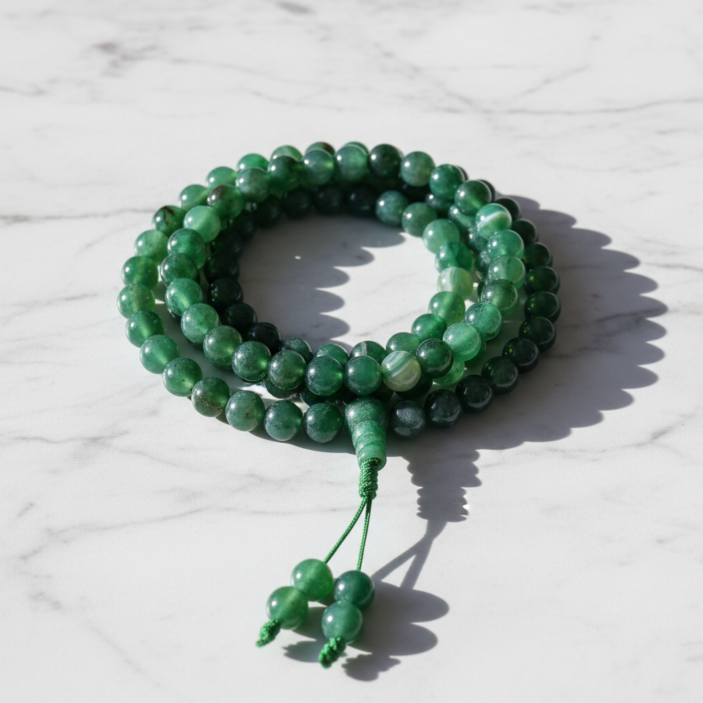 Mala tibetano agata verde striata - flatlay su marmo