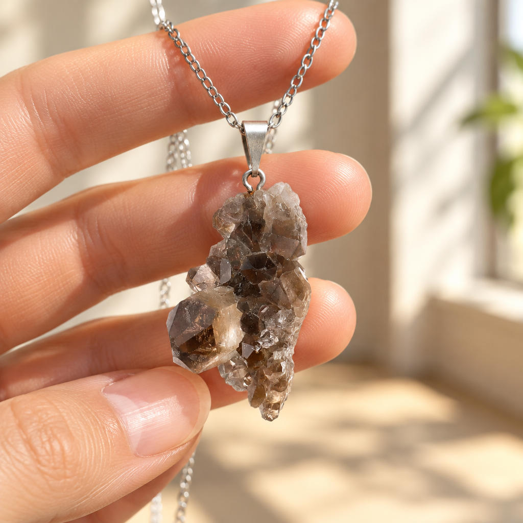Collana in quarzo fumé tenuta tra le dita