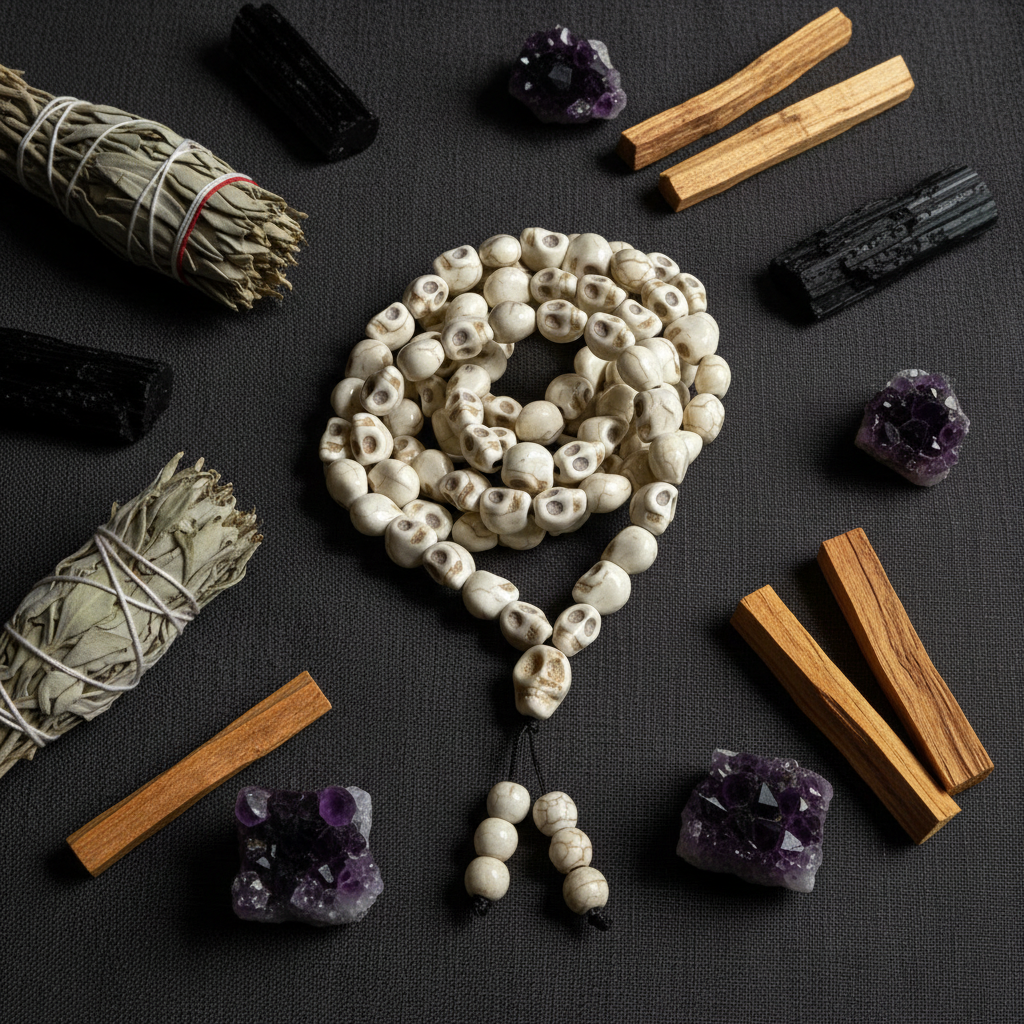 Mala teschi howlite Dea Kali - composizione rituale con salvia e palo santo