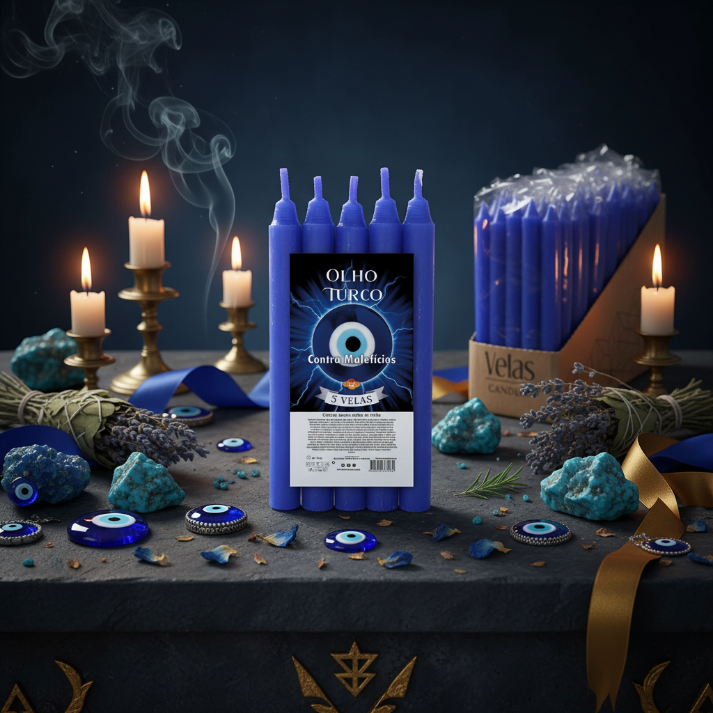 Candele rituali Occhio Turco su altare mistico con amuleti e cristalli turchesi