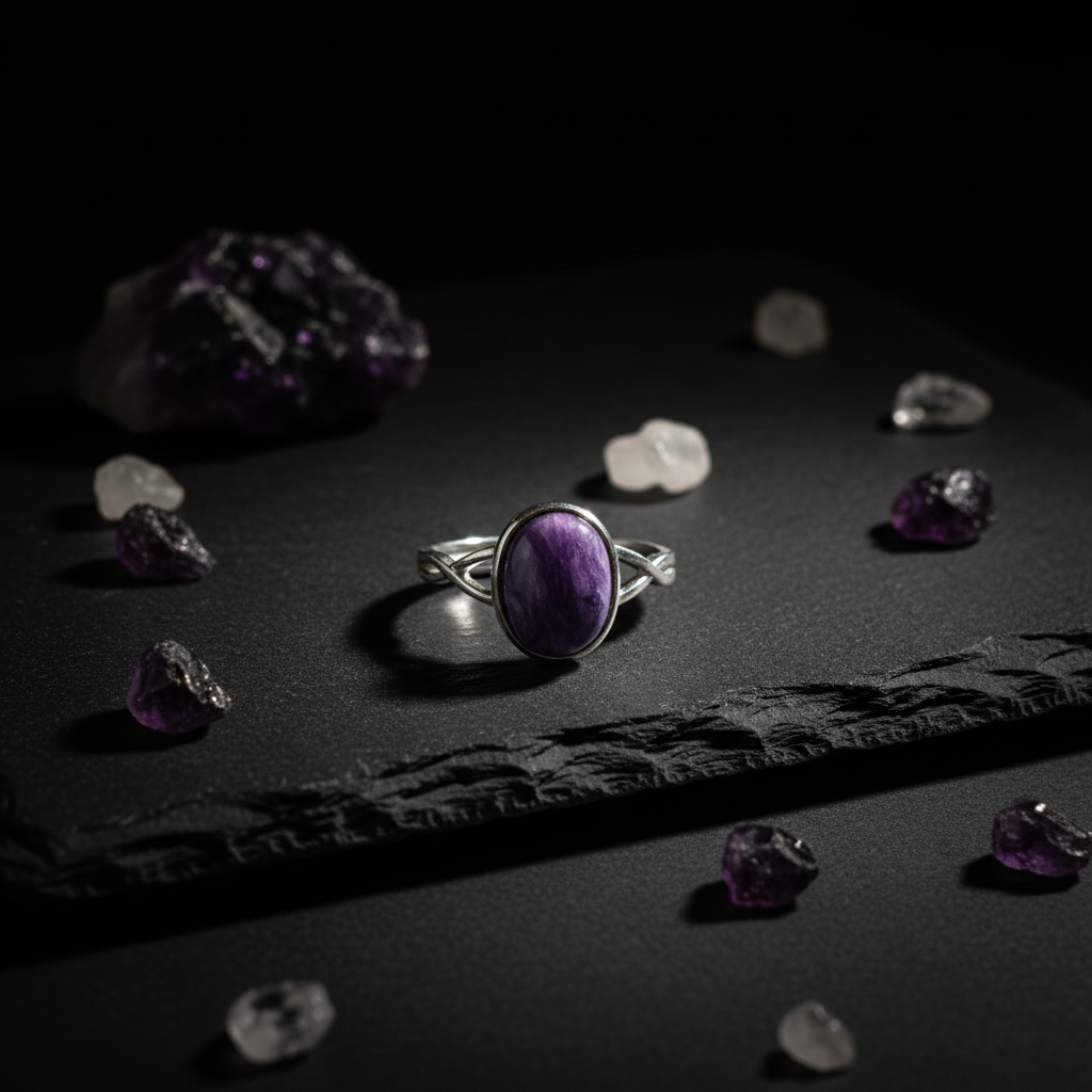 Anello charoite su ardesia scura con cristalli
