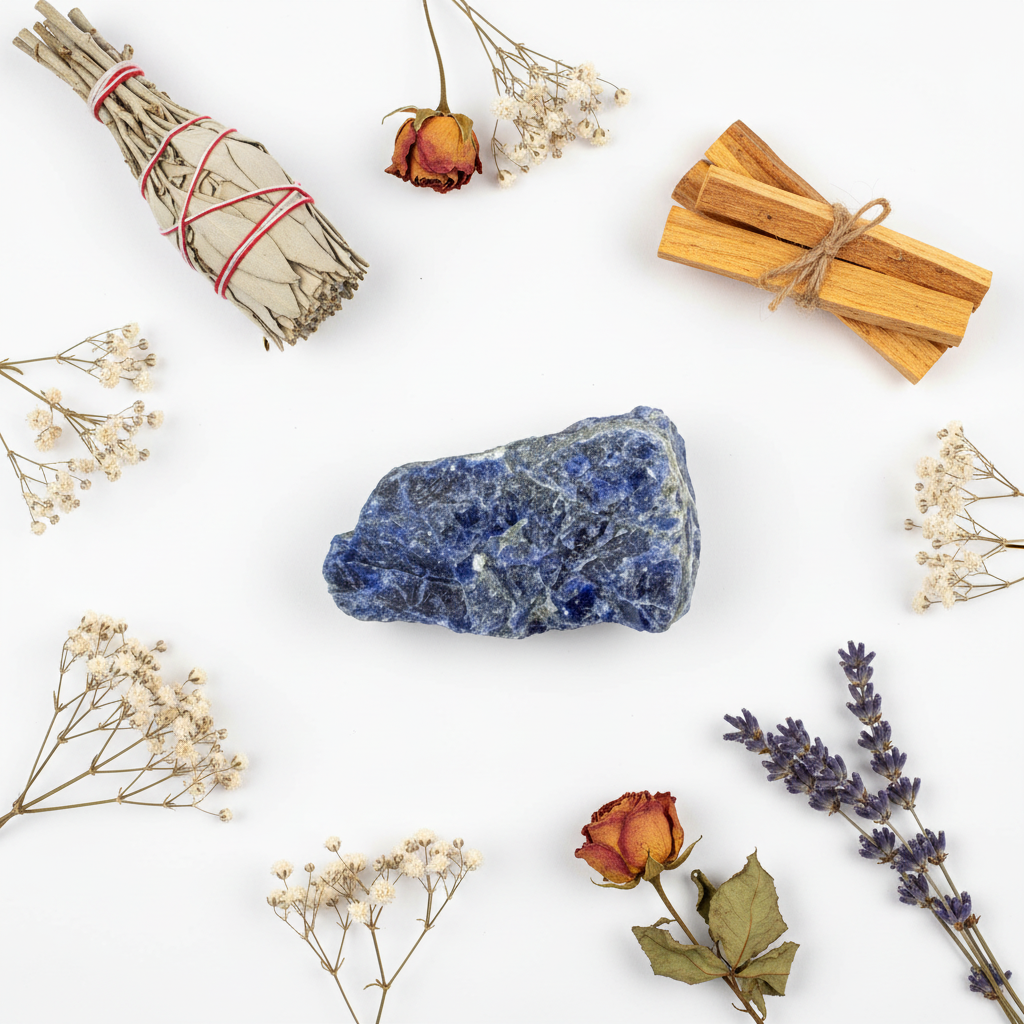 Sodalite grezza - composizione con fiori secchi e salvia