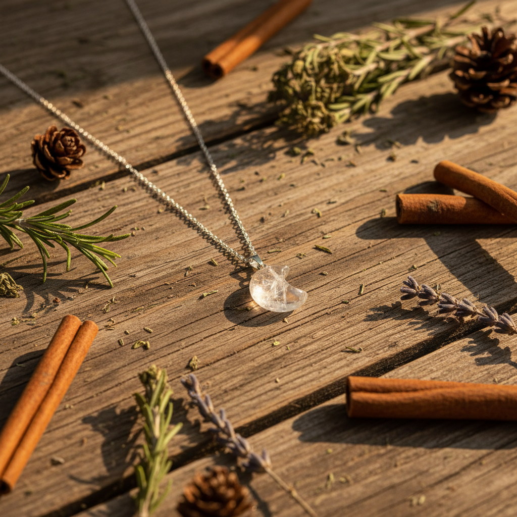 Collana Luna Cristallo di Rocca - sfondo legno rustico