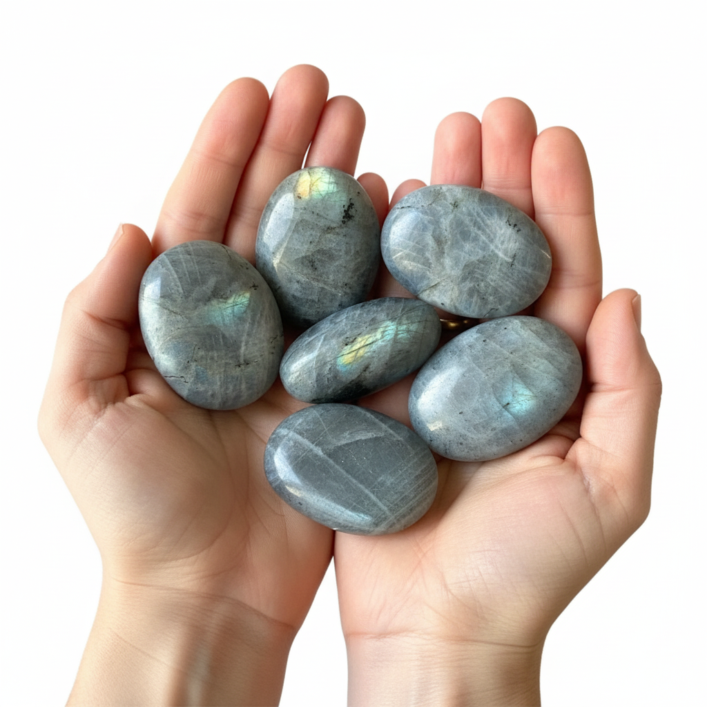 Palmstone labradorite chiara - mano con la pietra