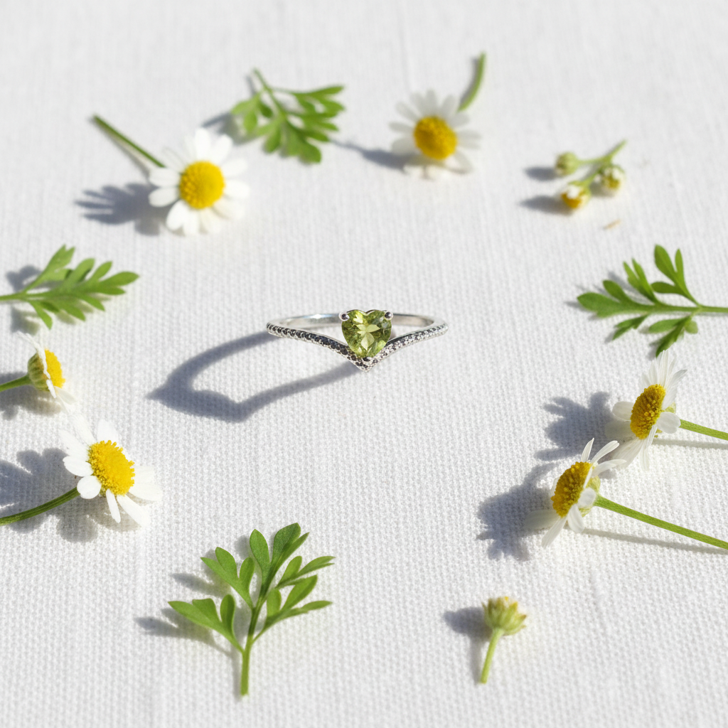 Anello coroncina peridoto flat lay con foglie e fiori