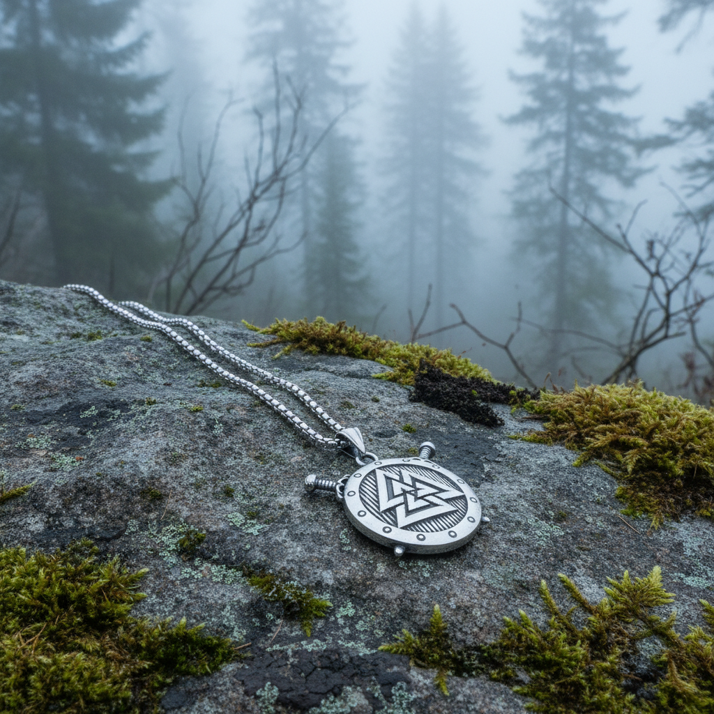 Collana Valknut Vichingo - pietra grigia con muschio nordico