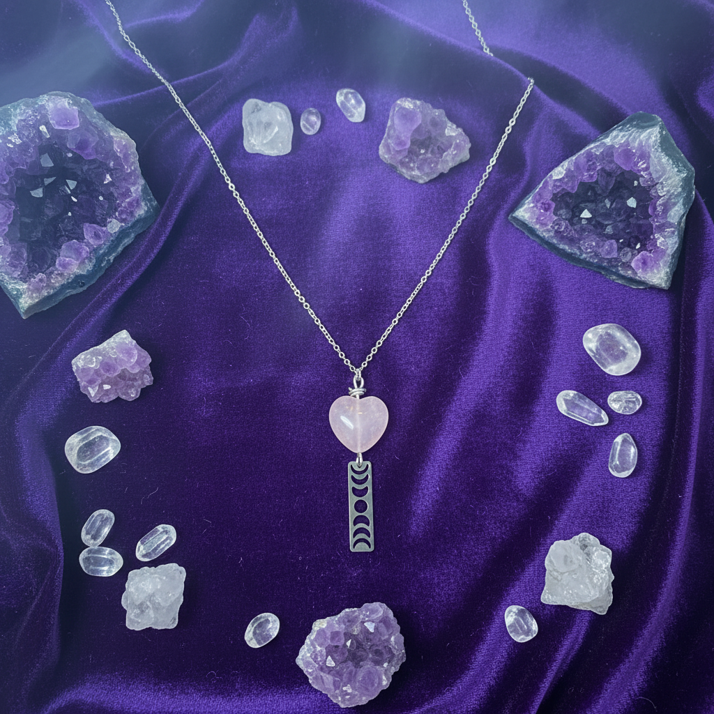 Collana Quarzo Rosa Cuore e Fasi Lunari - sfondo cristalli e ametiste