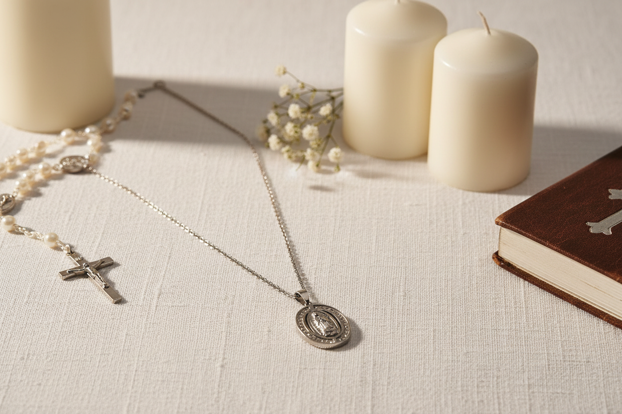 Collana Medaglia Miracolosa silver con rosario fiori e candele - lifestyle spirituale