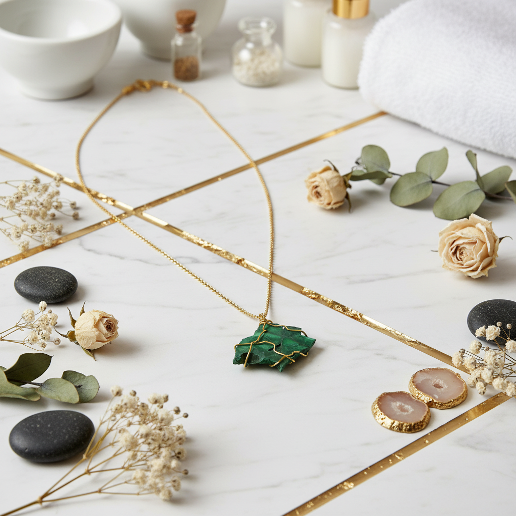 Collana Malachite Grezza Grande Artigianale - sfondo marmo luxury