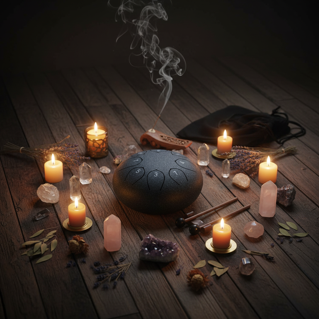 Tongue drum antracite - rituale con cristalli