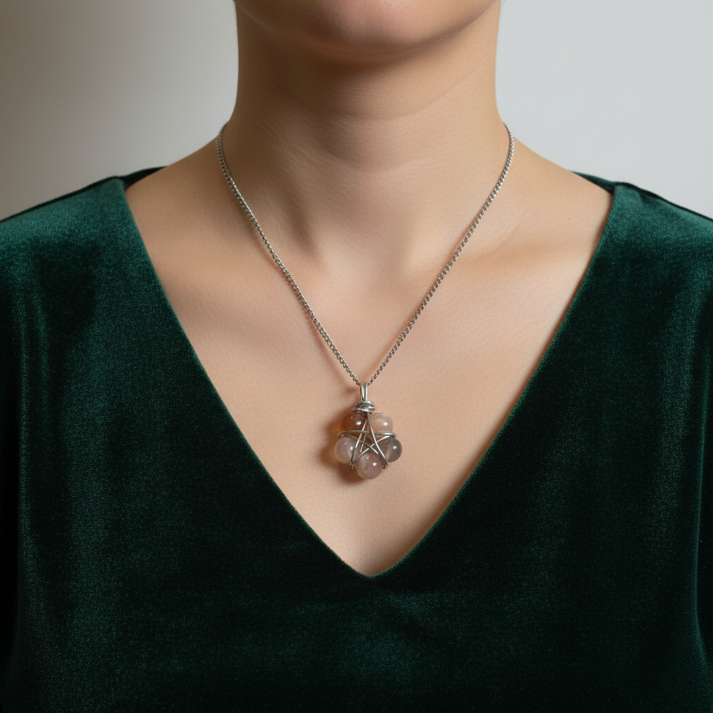 Collana Pentacolo Agata Sakura - indossata su sfondo verde velluto