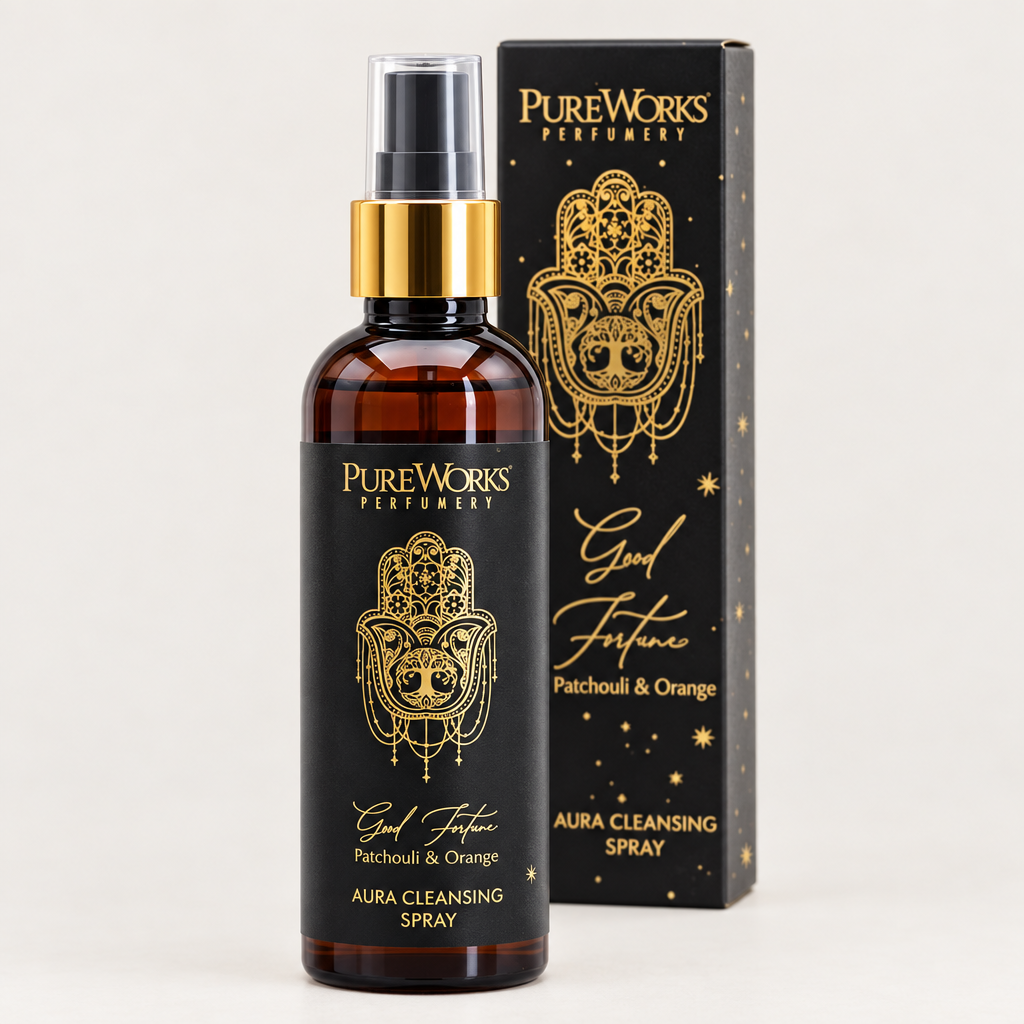 Dettaglio dello spray Good Fortune con mano di Fatima dorata