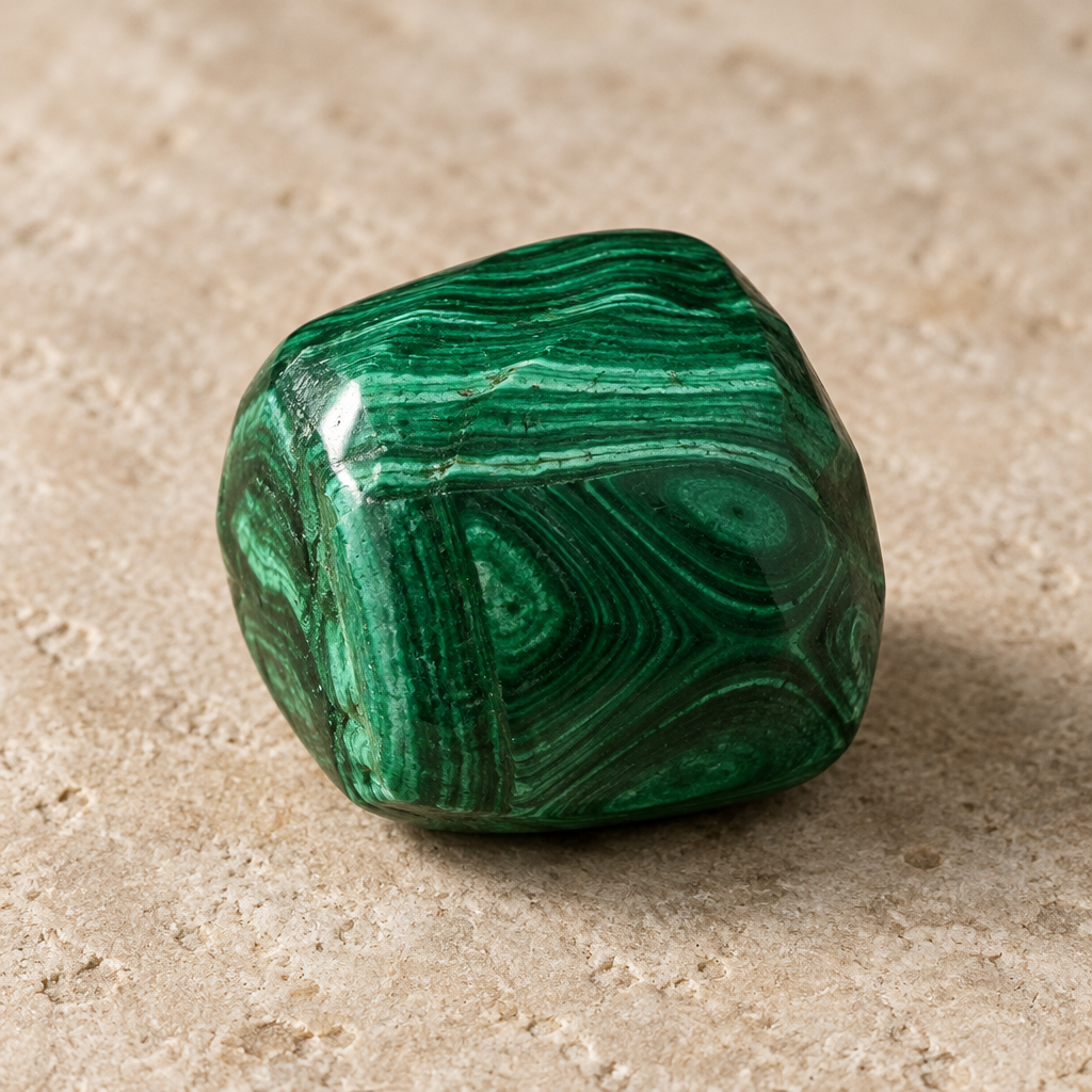 Malachite burattata su piano beige