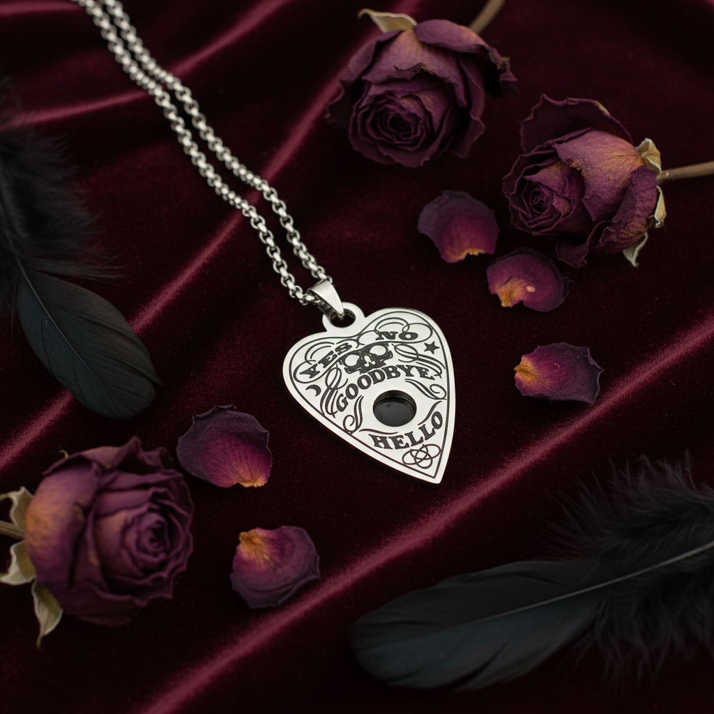 Collana Planchette Ouija - velluto bordeaux con rose e piume