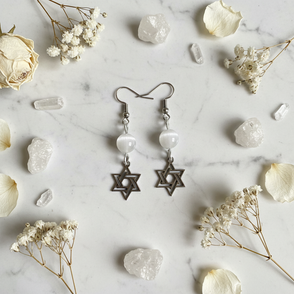 Orecchini Stella di David flat lay marmo con selenite