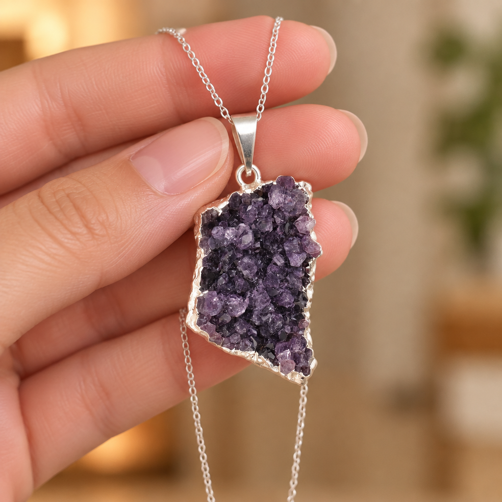 Ciondolo druzy di ametista e collana tra le dita