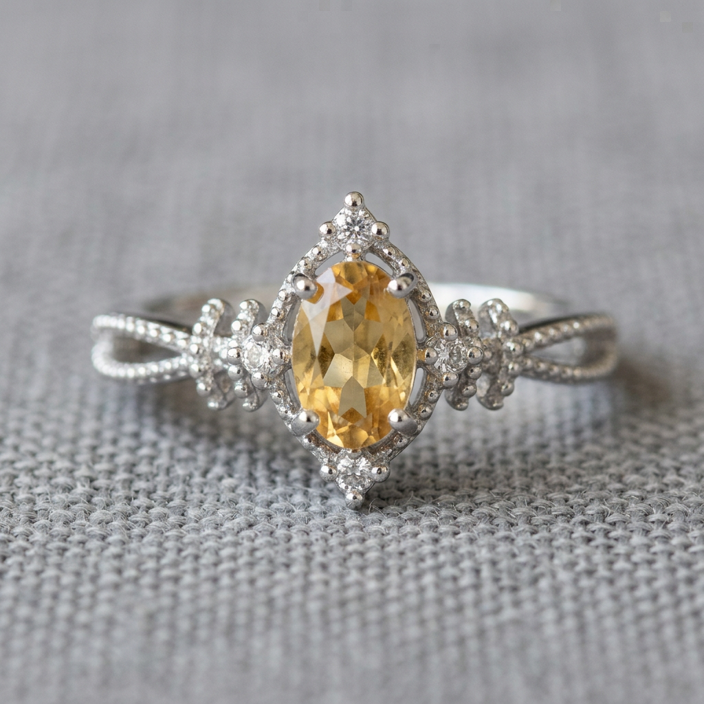 Anello 313 con citrino su lino grigio