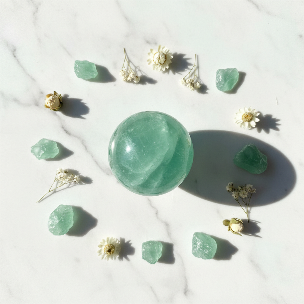Sfera Fluorite Verde flat lay marmo con fluorite grezza e fiori