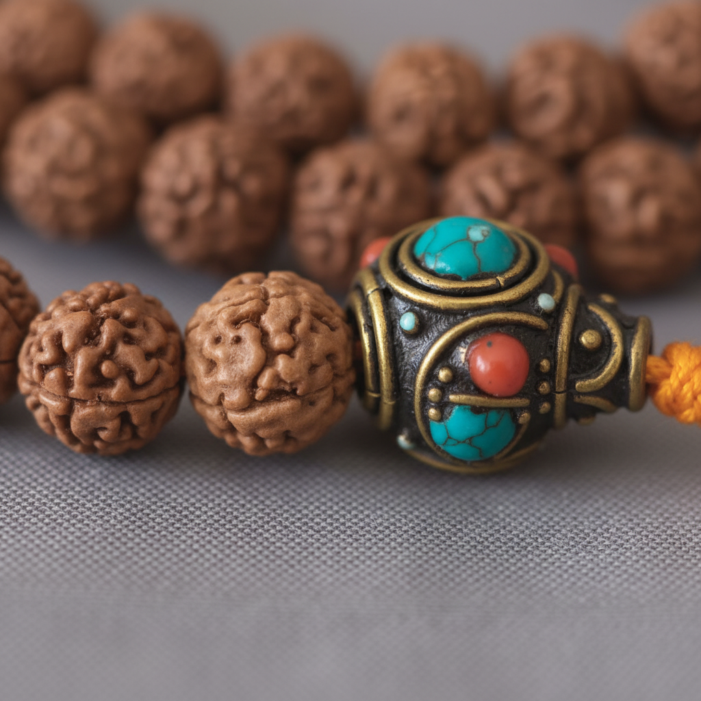 Japamala rudraksha separatori ottone tibetano - macro close-up