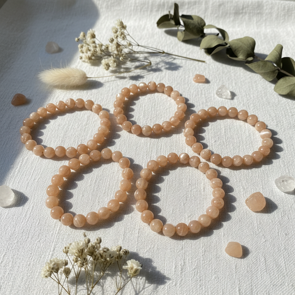 Bracciali pietra del sole su lino con fiori e cristalli