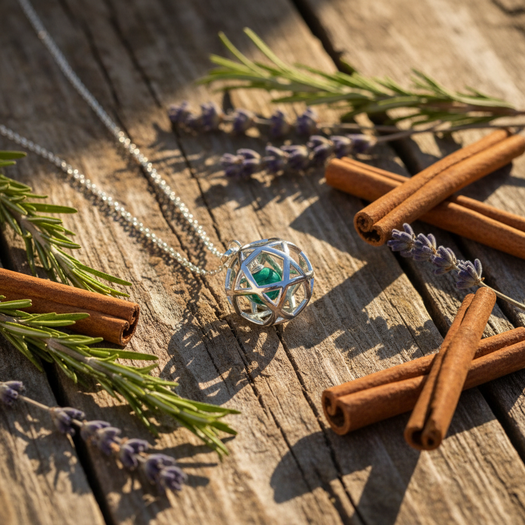 Collana Pentasfera Malachite - sfondo legno rustico