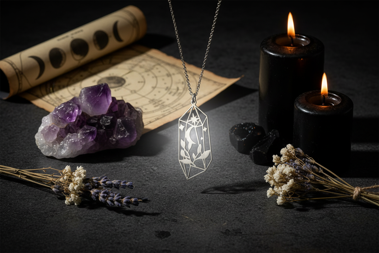 Collana Cristallo Geometrico con Luna e Stelle con cristalli e candele - lifestyle esoterico