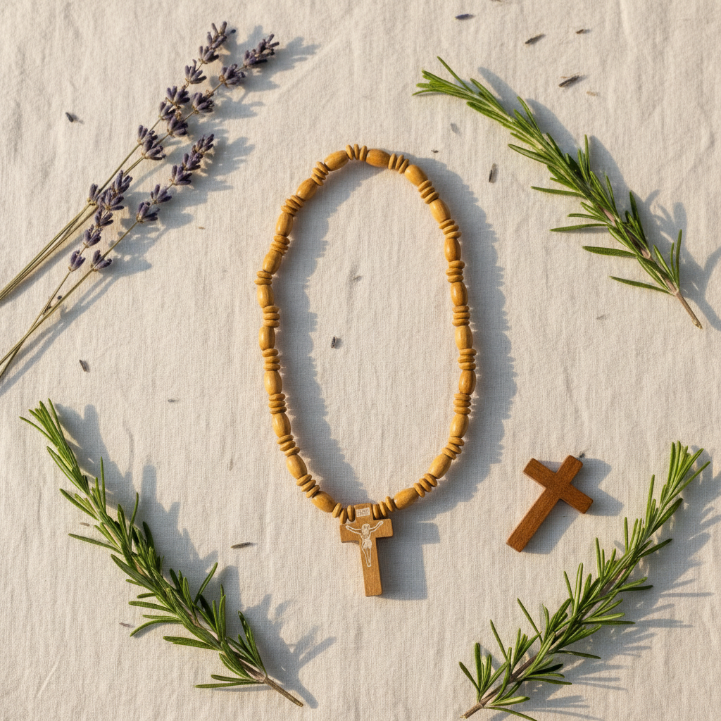 Collana Rosario Elastica flat lay lino con lavanda
