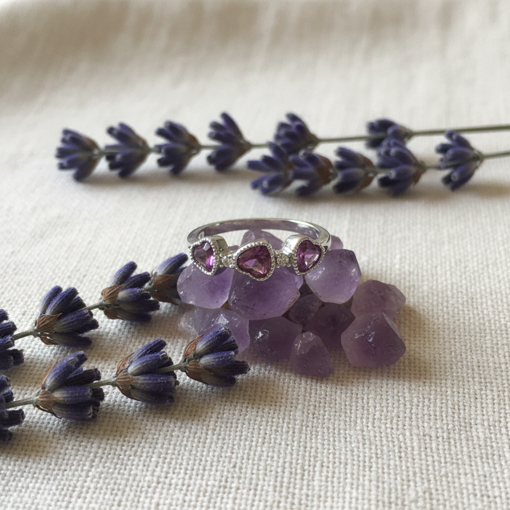 Anello tre cuori quarzo fragola composizione fiori