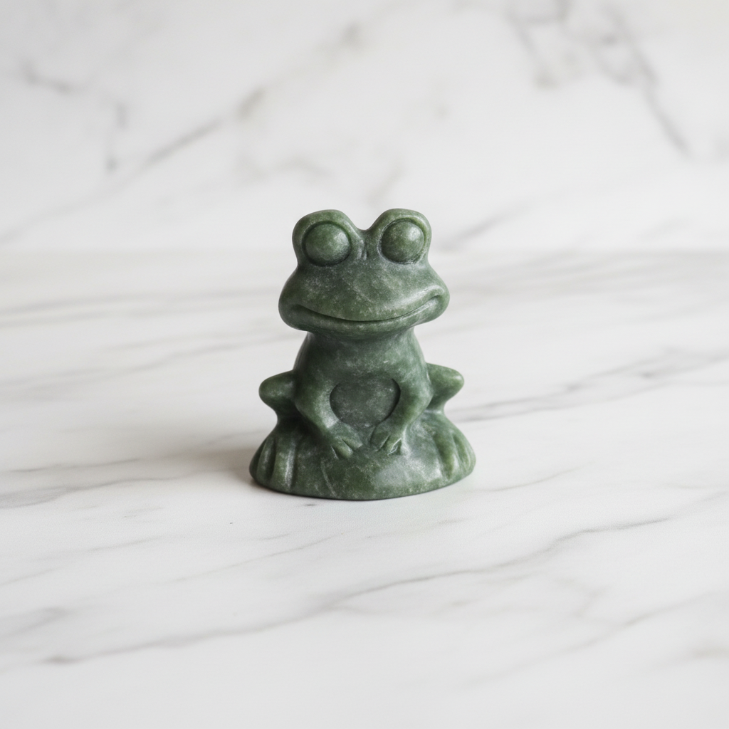 Rana seduta giada verde - flatlay su marmo