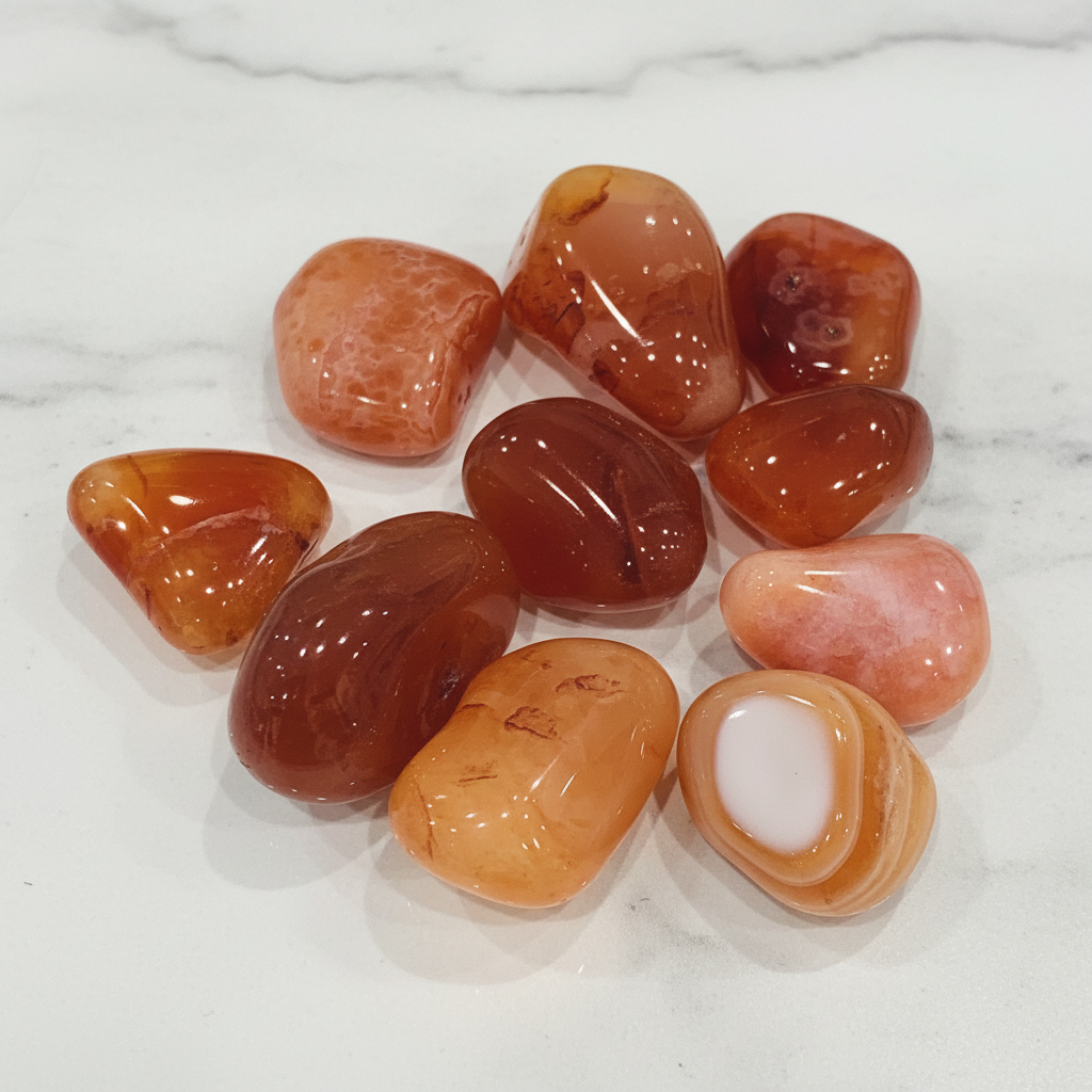 Corniola tumbled flatlay su marmo