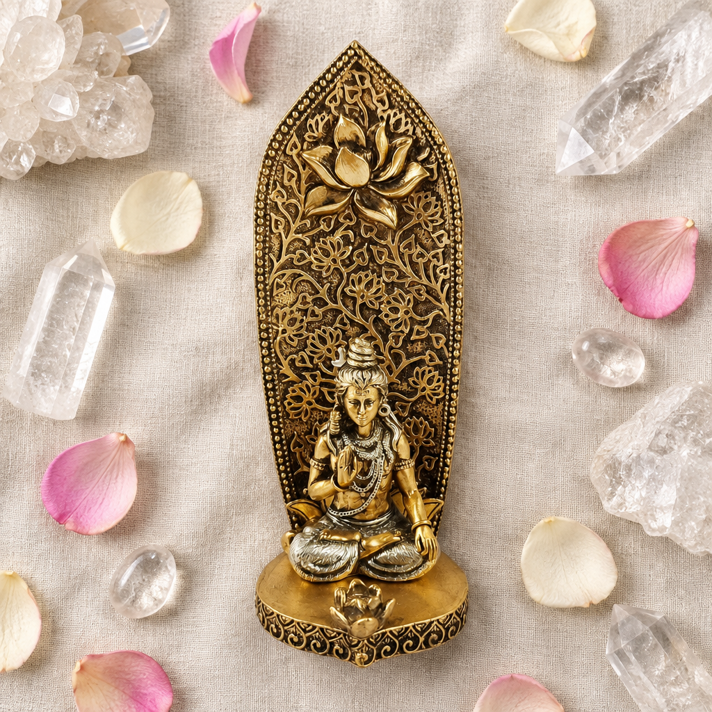 Porta-incenso Shiva su lino chiaro con cristalli e petali