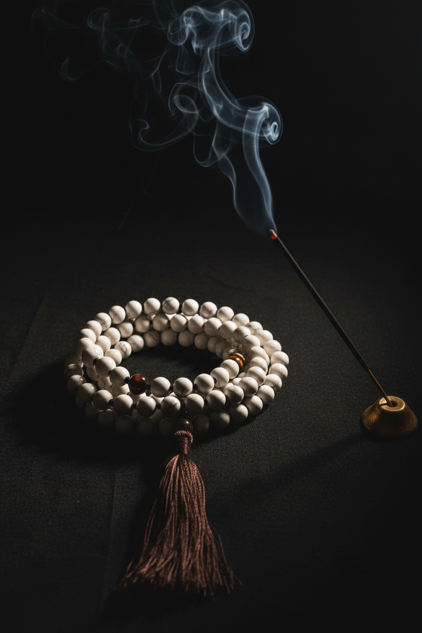Japamala howlite e occhio di tigre - con incenso e fumo